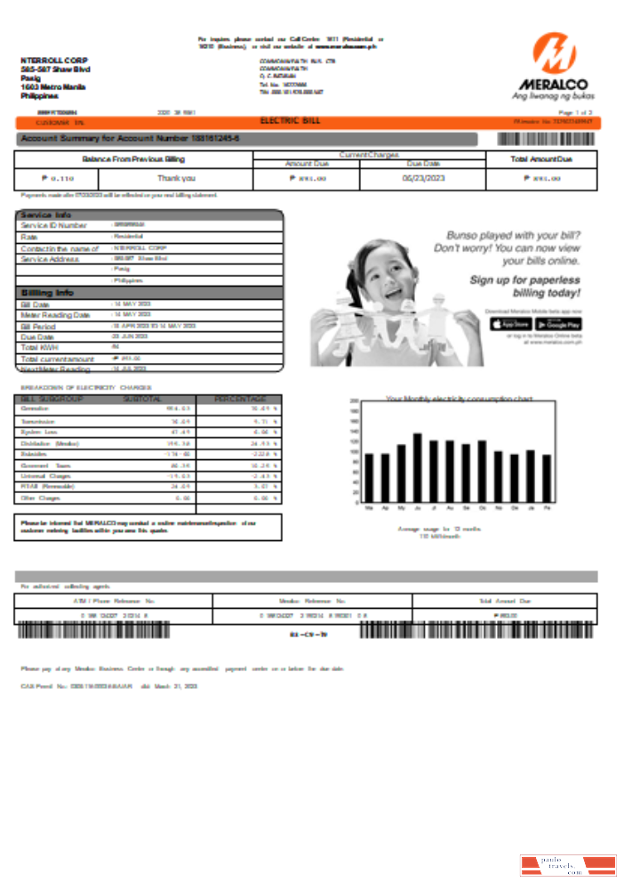 Meralco Philippines electricity utility business bill, SCR PSD template